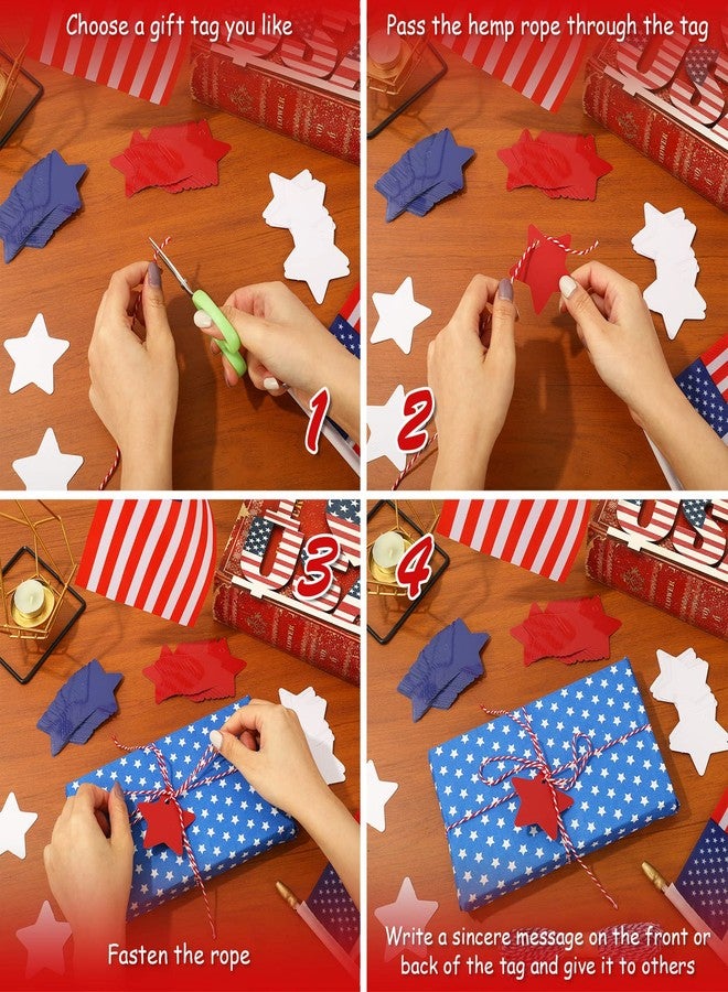 وولاين مجموعة Whaline من 120 قطعة من بطاقات الهدايا على شكل نجوم، بطاقات ورقية وطنية، ملصقات معلقة بنجوم حمراء وزرقاء وبيضاء، ملصقات تهنئة بيوم الاستقلال (4 يوليو) مع لفتين من الخيط، مثالية لتزيين حفلات أعياد الميلاد وحفلات عيد الاستقلال. - Image 4